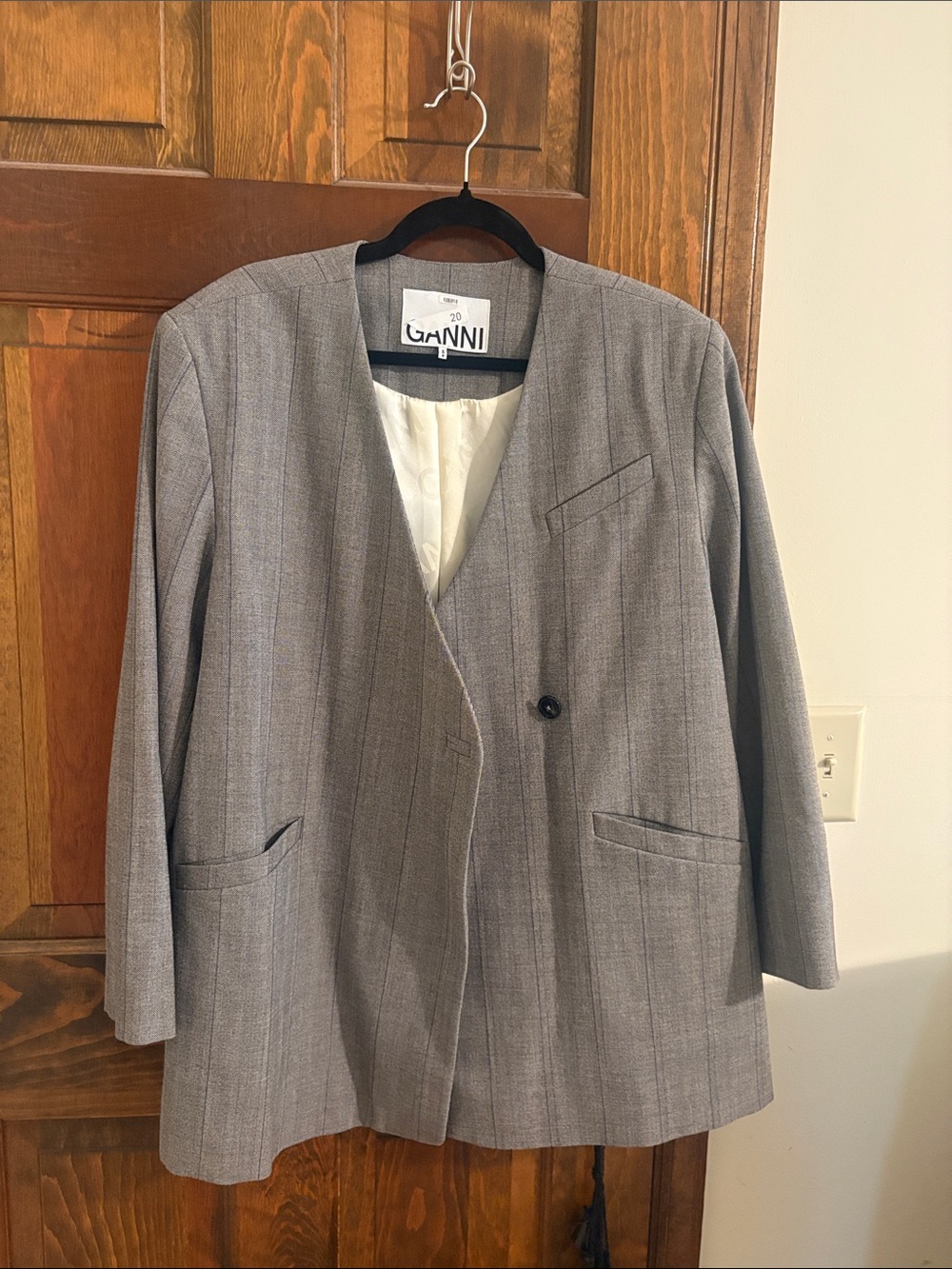 Ganni Gray Pinstripe Single-Button Blazer